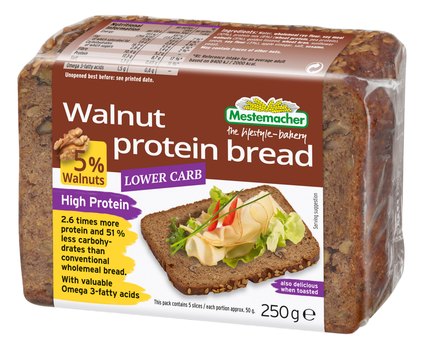 Mestemacher walnut protein bread with ham and egg salad